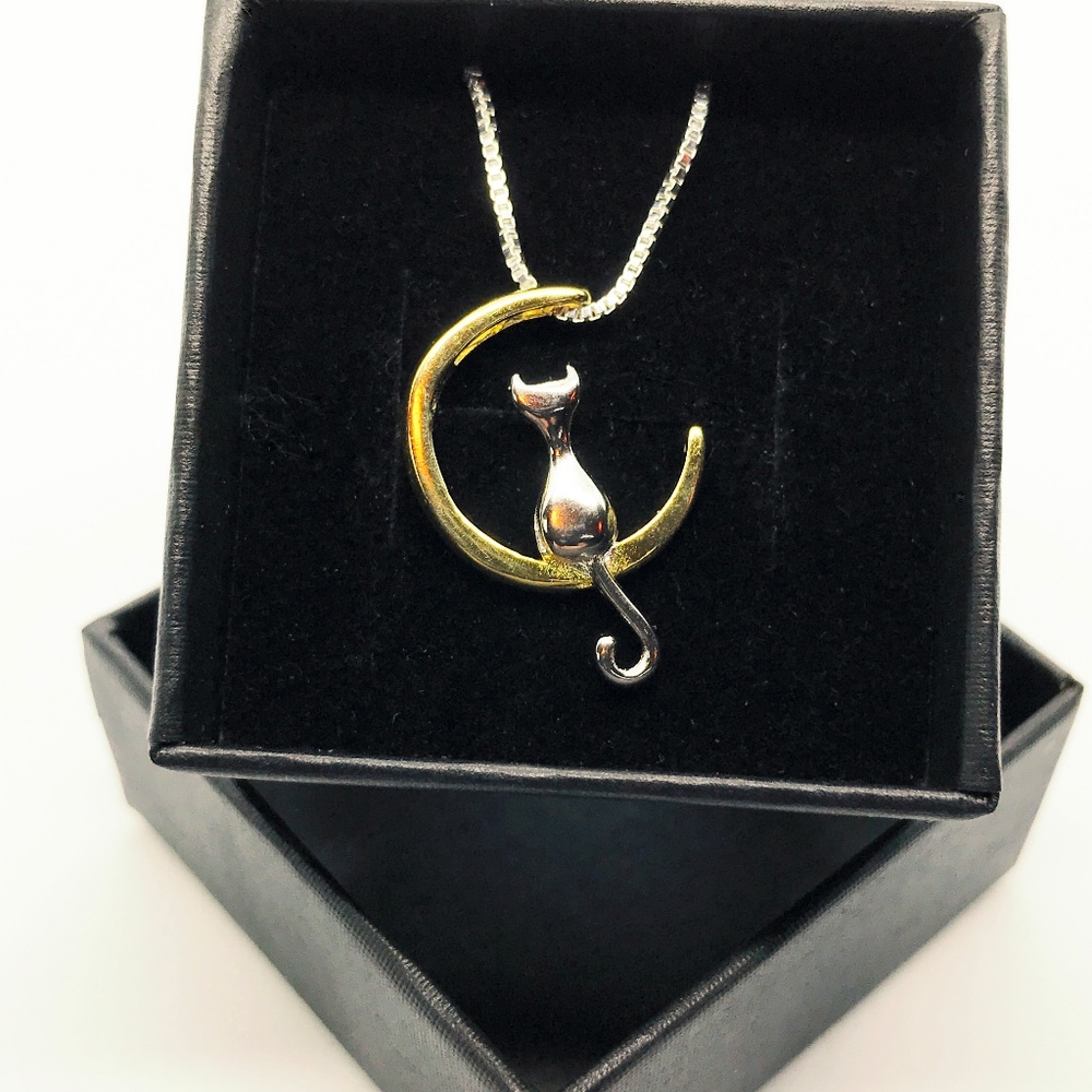 Enchanting Cat in the Moon Silver Necklace